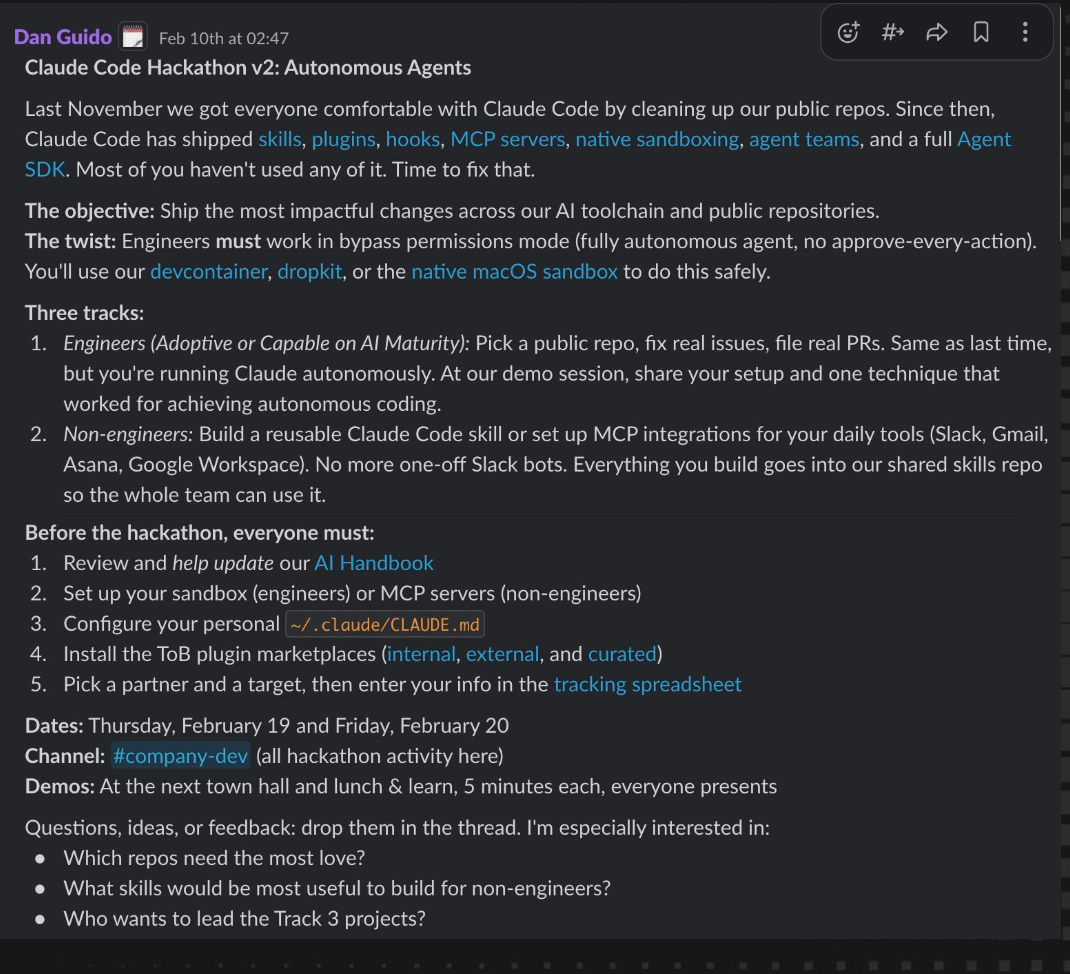 The slack message announcing the second hackathon. (From Dan’s slide deck.)
