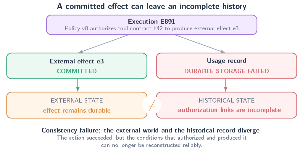 Figure 2. Execution E891 branches into a committed external effect and a failed usage record.