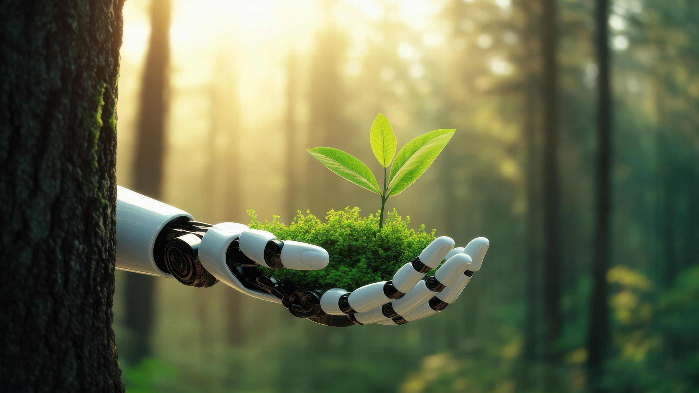 Mechanical hand from a tree, sprouting green leaves