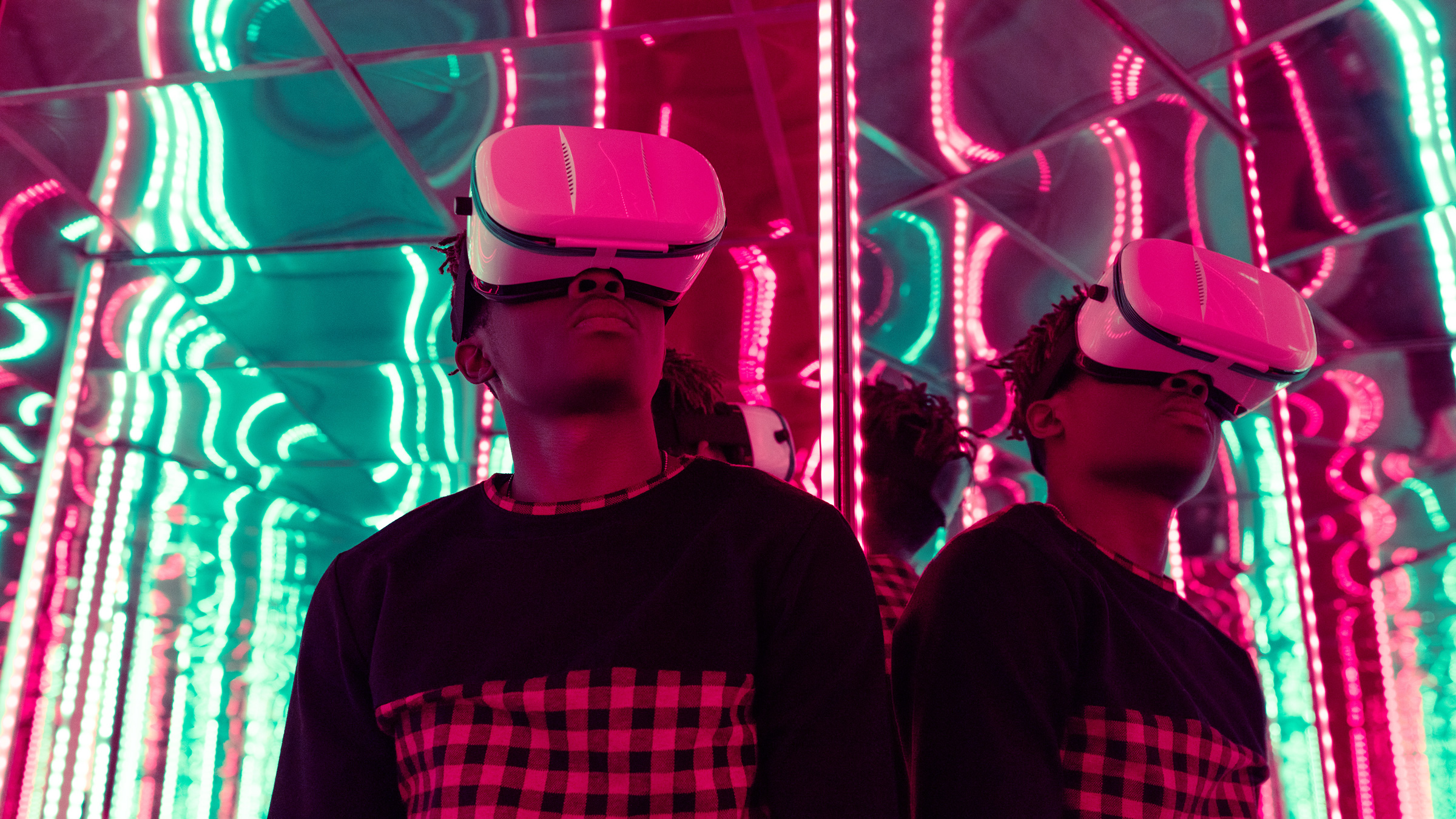 Man wearing VR goggles in labyrinth
