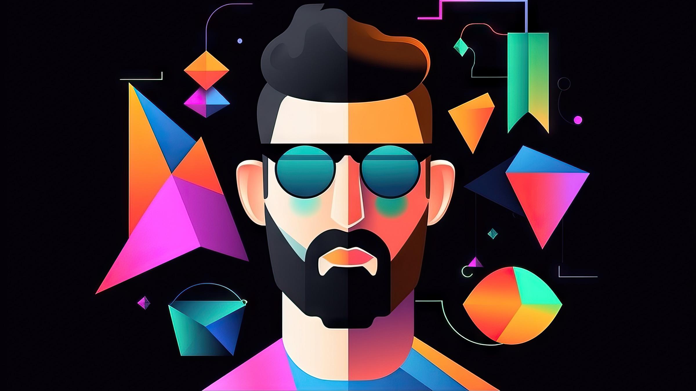 Illustration of abstract bright man in glasses on black background with colorful geometric shapes representing concept of virtual reality