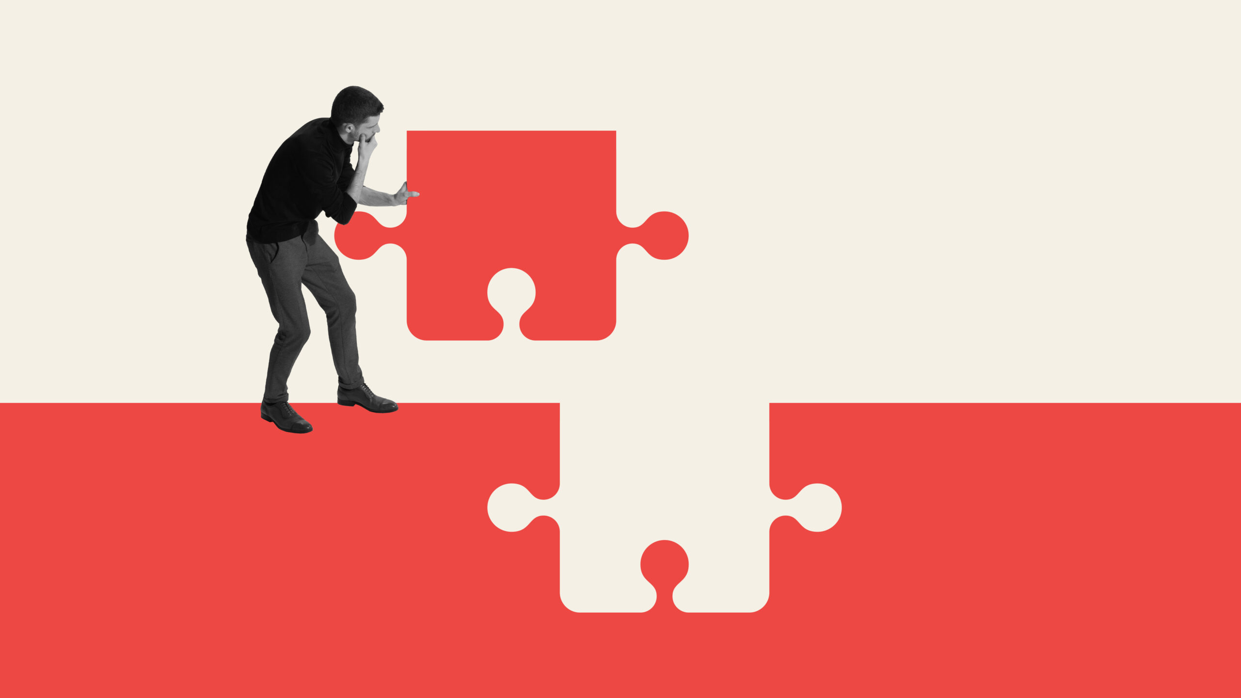 Man, employee with thoughtful face placing puzzle in correct place. Contemporary art collage. Strategic problem-solving and critical thinking. Concept of business, overcoming challenges
